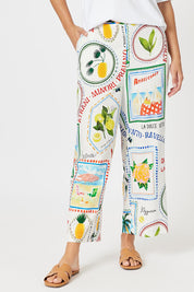 A model wearing the Amalfi Linen Blend Pant in colour Blue, from the front, cropped image