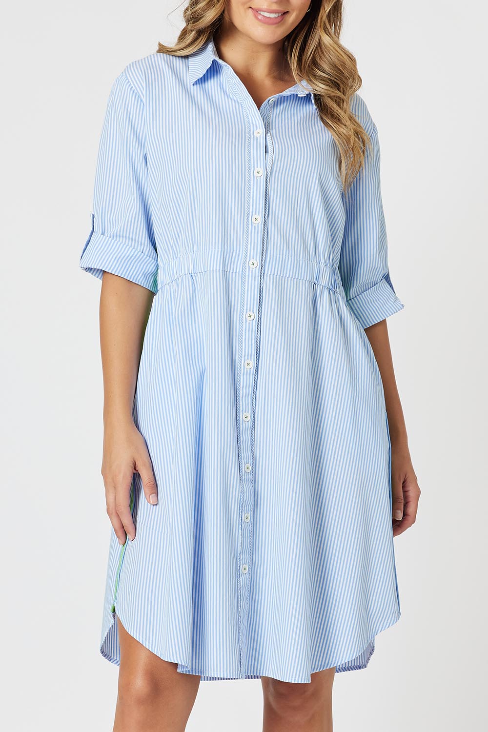 A model wearing the Skyler Stripe Cotton Dress in colour Blue (Blue), from the front, cropped image