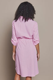 Model Ziara wearing size S of the Skyler Stripe Cotton Dress in colour Pink (Pink), from the back