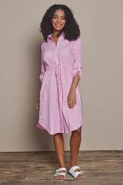 Model Ziara wearing size S of the Skyler Stripe Cotton Dress in colour Pink (Pink), from the front, showing the whole outfit