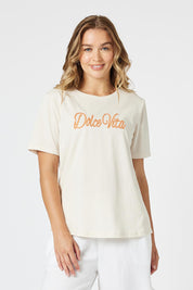 A model wearing the Dolce Vita Cotton Blend Tee in colour Natural, from the front, cropped image