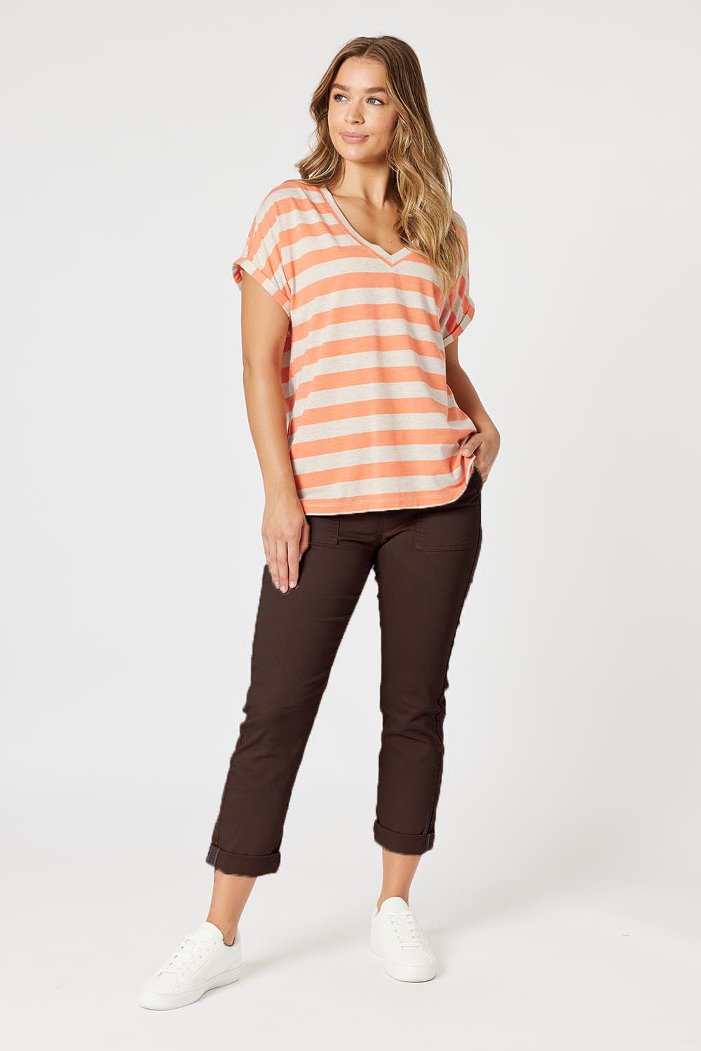 Model Genericm wearing size sample of the Isabella Cotton Pant - Chocolate in colour Chocolate, from the front