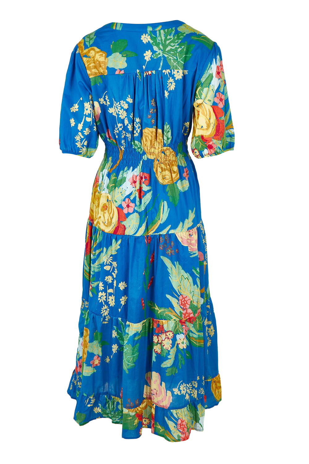 Product shot of the Tropics Cotton Dress in colour Blue (Blue), from the back