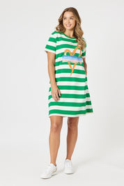 A model wearing the Heart Stripe Cotton Dress in colour Elmwhite (Green), from the front, showing the whole outfit