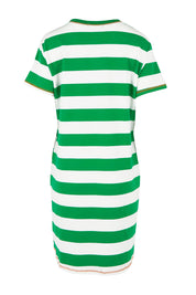 Product shot of the Heart Stripe Cotton Dress in colour Elmwhite (Green), from the back