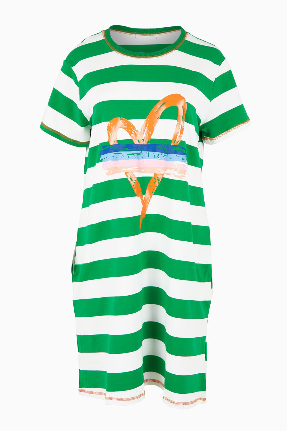 Product shot of the Heart Stripe Cotton Dress in colour Elmwhite (Green), from the front