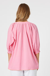 A model wearing the Pina Colada Embroidered Cotton Top in colour Pink (Pink), from the back