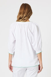 A model wearing the Pina Colada Embroidered Cotton Top in colour White (White), from the back
