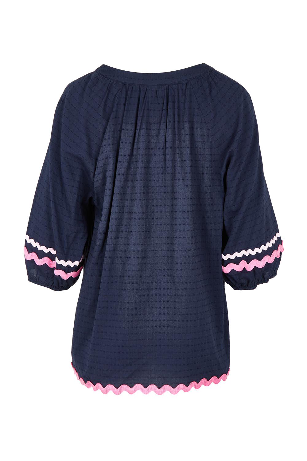 Product shot of the Ric Rac Cotton Top in colour Navy (Blue), from the back