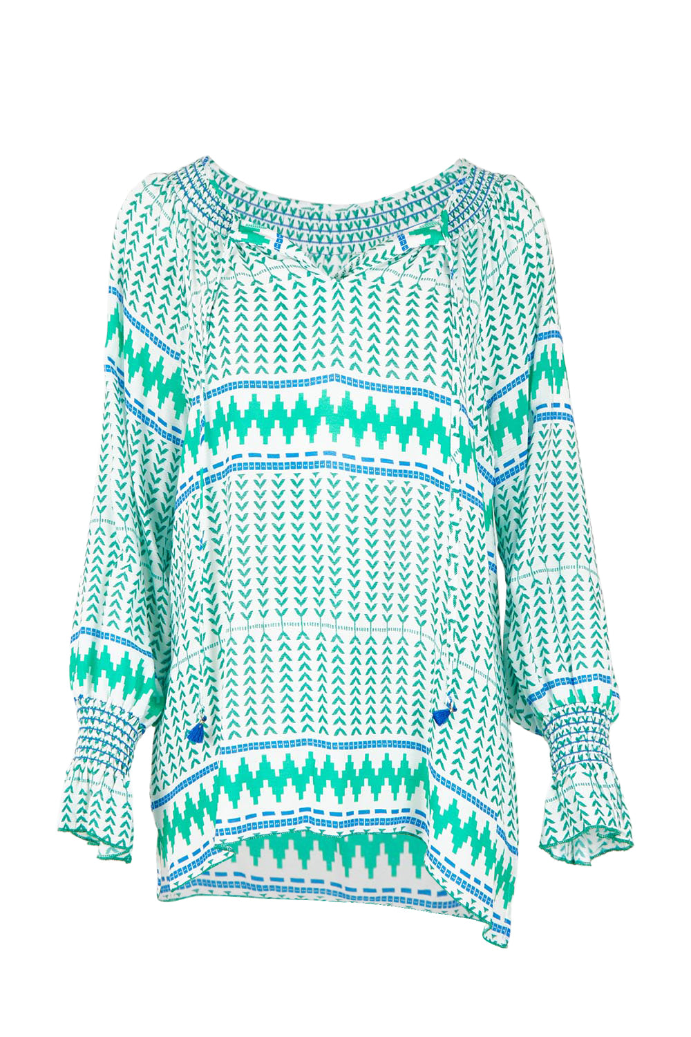 Product shot of the Geo Top in colour Elmmulti (Green), from the front