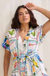 Model Tahnee wearing size S of the Amalfi Linen Blend Dress in colour Bluemulti, from the front, showing the whole outfit