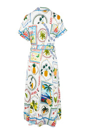 Product shot of the Amalfi Linen Blend Dress in colour Bluemulti, from the back