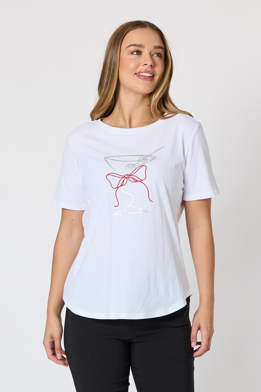 A model wearing the Martini Cotton Tee in colour White (White), from the front, cropped image