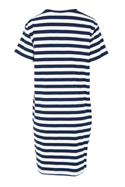 Product shot of the Red Bow Stripe Cotton Dress in colour Navy (Blue), from the back