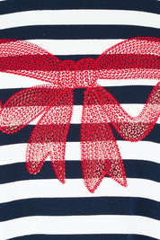 Product shot of the Red Bow Stripe Cotton Dress in colour Navy (Blue), detail