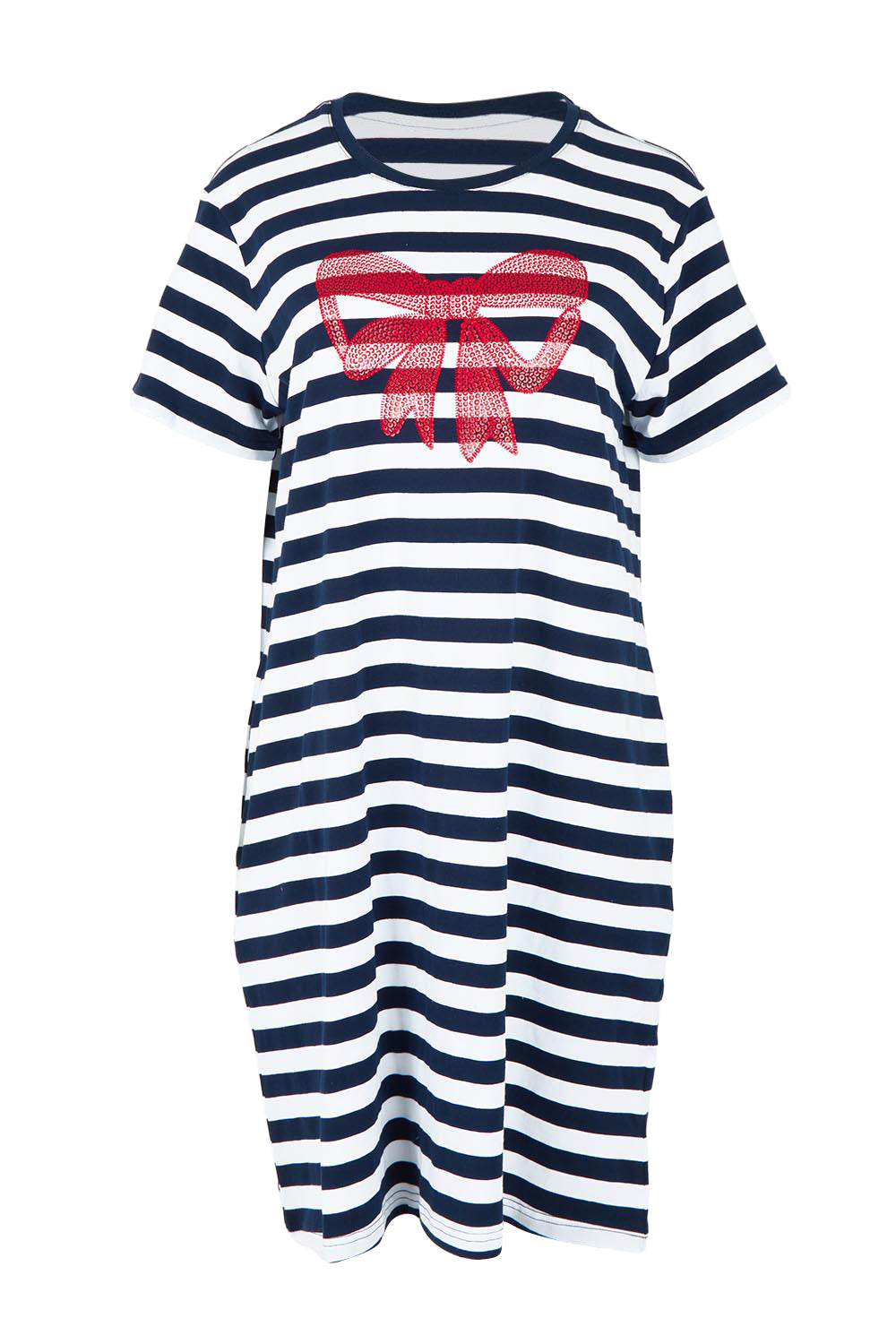 Product shot of the Red Bow Stripe Cotton Dress in colour Navy (Blue), from the front