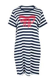 Product shot of the Red Bow Stripe Cotton Dress in colour Navy (Blue), from the front