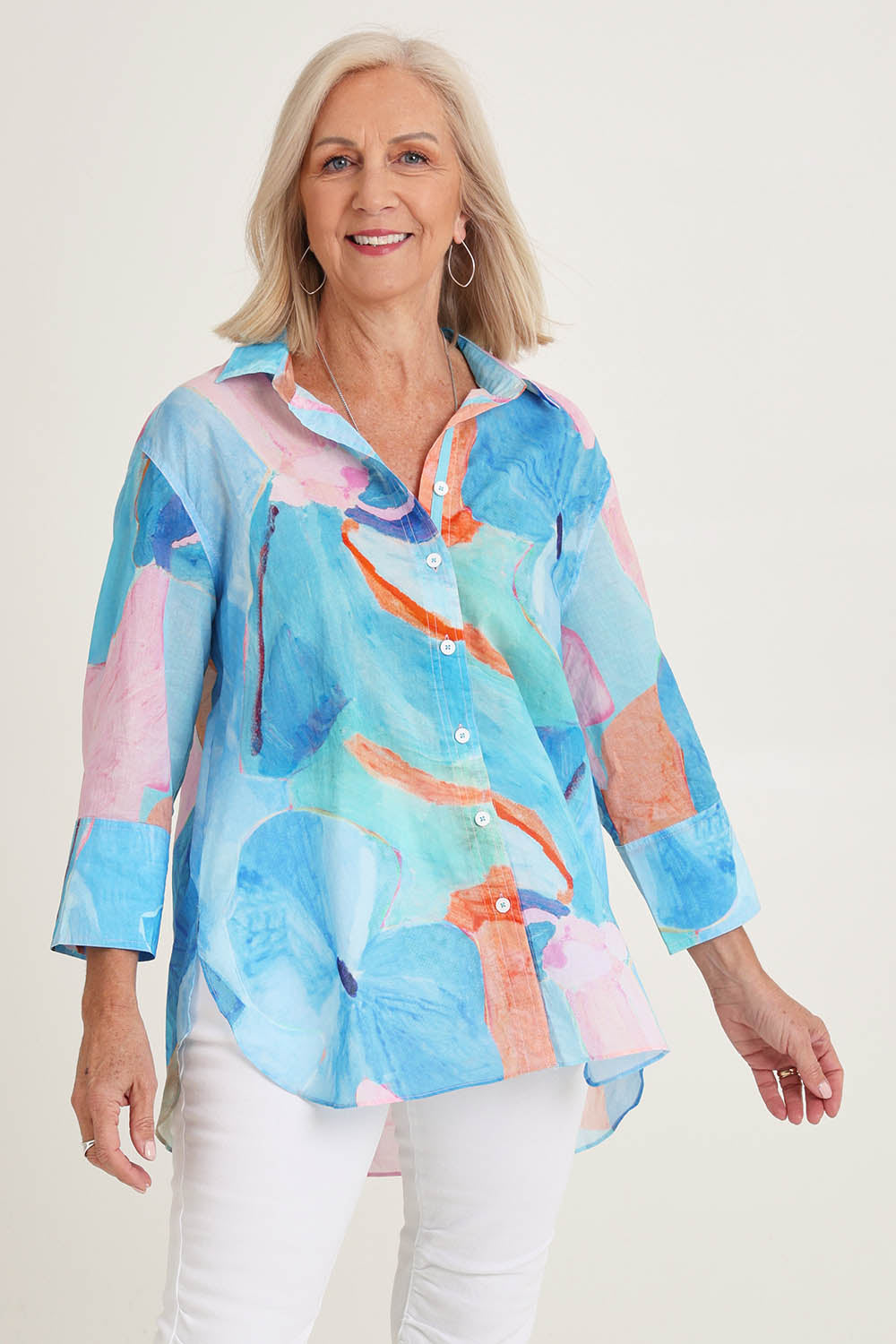 Model Sandy wearing size S of the Grazia Mio Caro Cotton Shirt in colour Blue (Blue), from the front, cropped image