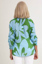 Model Sandy wearing size S of the Sienna Cotton Top in colour Blue (Blue), from the back