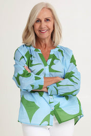 Model Sandy wearing size S of the Sienna Cotton Top in colour Blue (Blue), from the front, cropped image