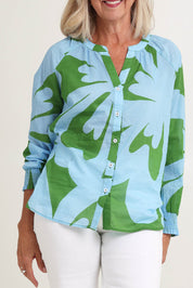 Model Sandy wearing size S of the Sienna Cotton Top in colour Blue (Blue), from the front, cropped image