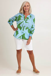 Model Sandy wearing size S of the Sienna Cotton Top in colour Blue (Blue), from the front, showing the whole outfit