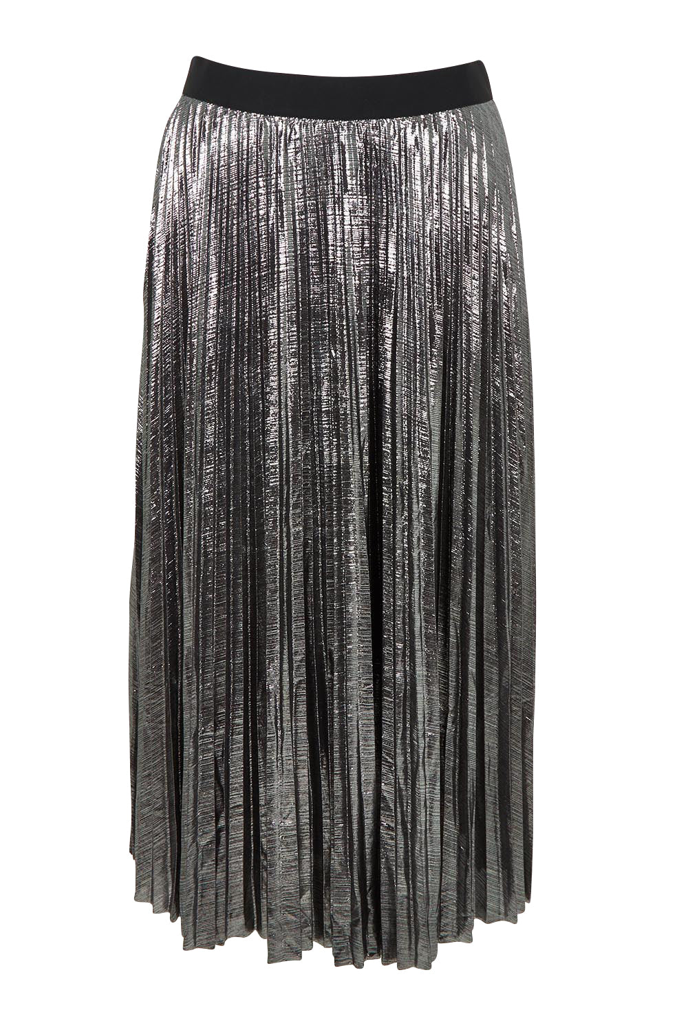 Product shot of the Shimmer Pleated Skirt in colour Silver (Metallics), from the front