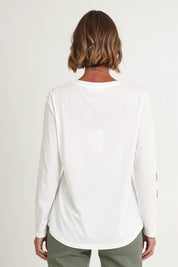 Model Riina wearing size S of the Heart Square Tee in colour White (White), from the back