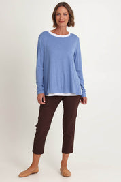 Model Riina wearing size S of the Alicia 2 In 1 Top in colour Blue (Blue), from the front, showing the whole outfit