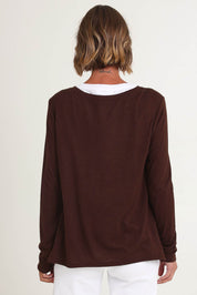 Model Riina wearing size S of the Alicia 2 In 1 Top in colour Coffee, from the back