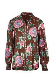Product shot of the Bouquet Print Shirt in colour Chocolate, from the front