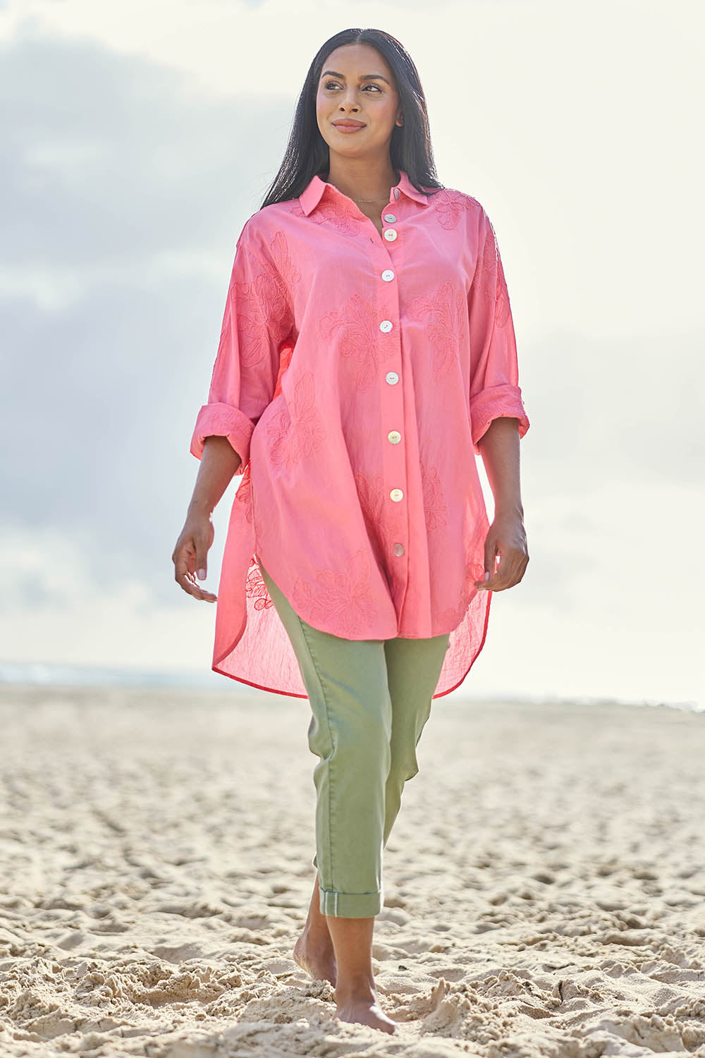 Model Eshan wearing size 10 of the Lagoon Palm Shirt – Raspberry in colour Raspberry, from the front