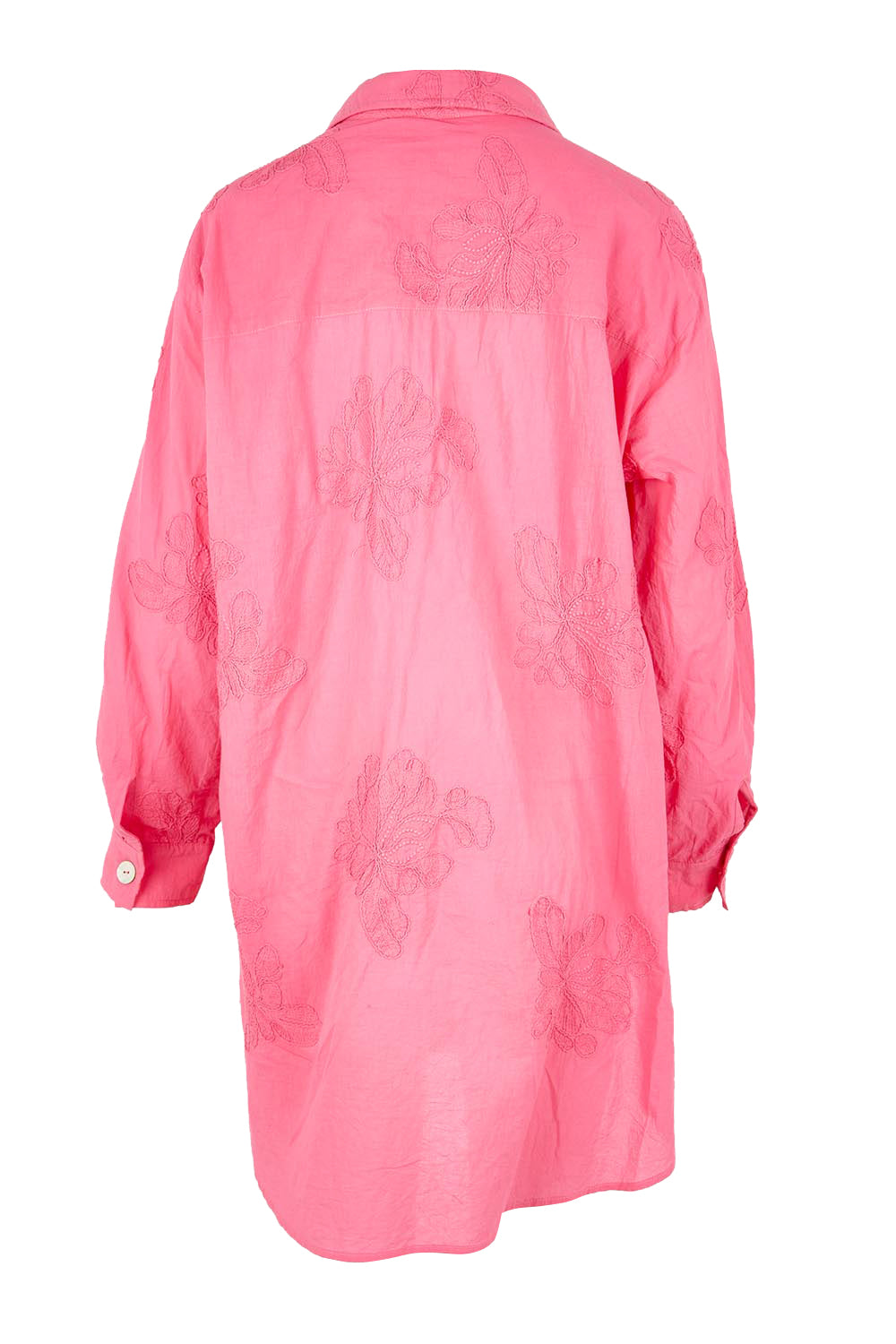 Product shot of the Lagoon Palm Shirt – Raspberry in colour Raspberry, from the back