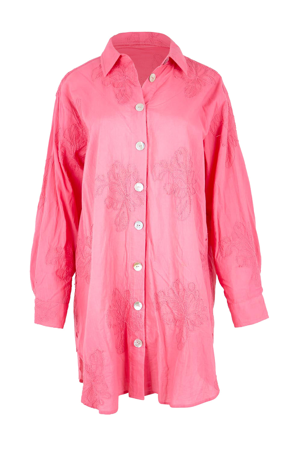 Product shot of the Lagoon Palm Shirt – Raspberry in colour Raspberry, from the front