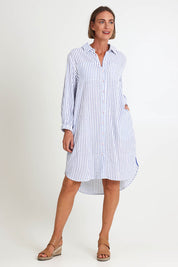 Model Riinar wearing size 10 of the Coast Stripe Shirtdress – Bluewhite in colour Bluewhite, from the front