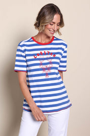 Model Riinar wearing size 10 of the Rhode Island Stripe Tee – Azure in colour Azure, in a cropped view