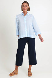 Model Riinar wearing size 10 of the Costa Mesa Cotton Shirt - Paleblue in colour Paleblue, from the front