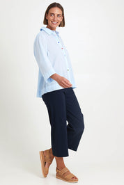 Model Riinar wearing size 10 of the Costa Mesa Cotton Shirt - Paleblue in colour Paleblue, from the front