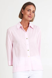 Model Riinar wearing size 10 of the Costa Mesa Cotton Shirt - Palepink in colour Palepink, in a cropped view