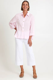 Model Riinar wearing size 10 of the Costa Mesa Cotton Shirt - Palepink in colour Palepink, from the front