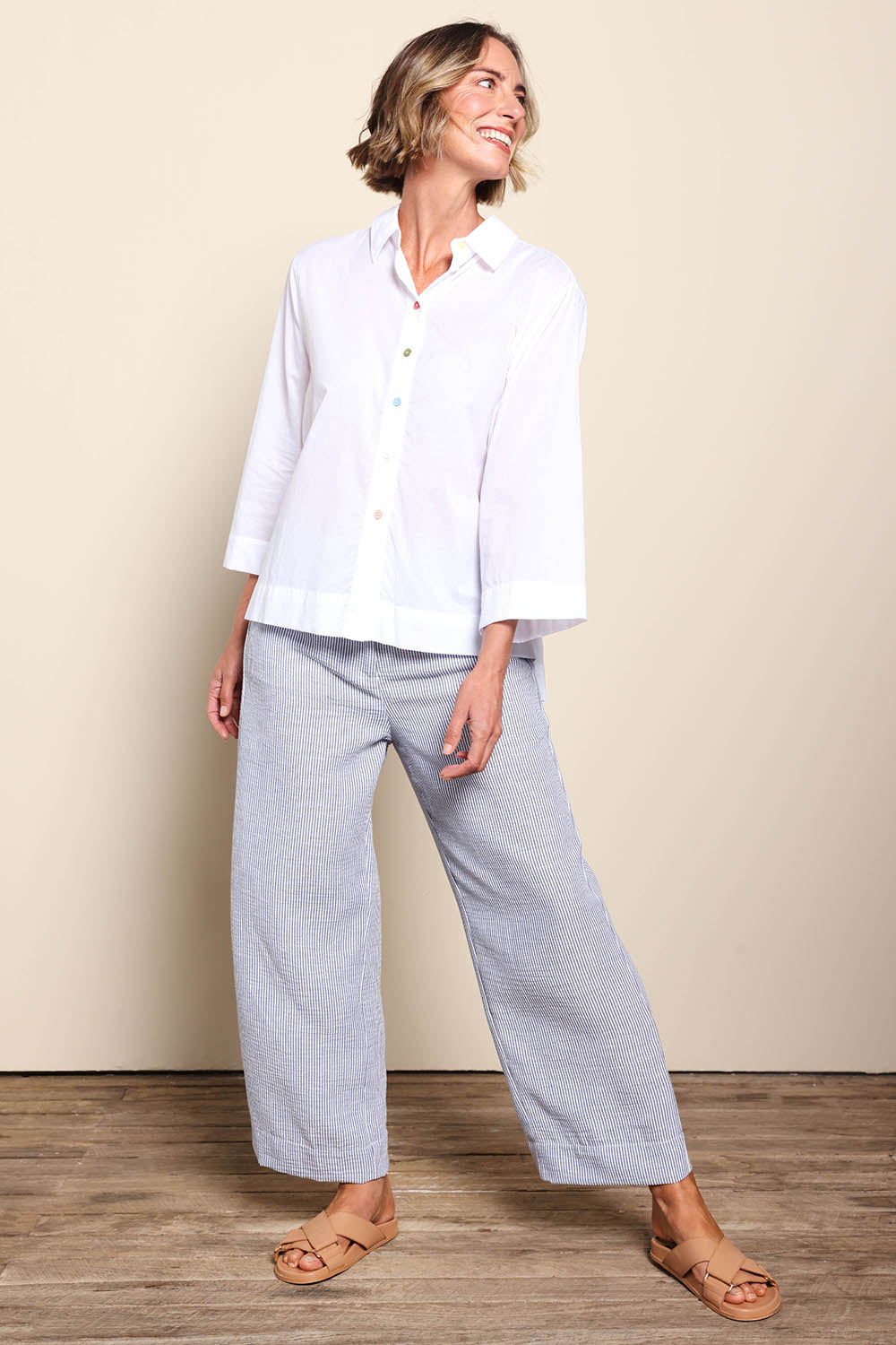 Model Riinar wearing size 10 of the Costa Mesa Cotton Shirt - White in colour White, from the front
