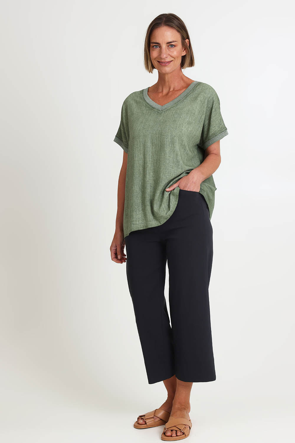 Model Riinar wearing size 10 of the Zara Wide Leg Pant - Black in colour Black, from the front