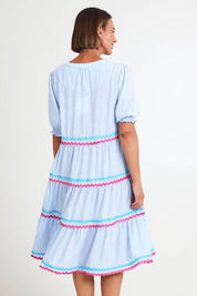 Model Riinar wearing size 10 of the Canopy Ric Rac Dress – Paleblue in colour Paleblue, from the back
