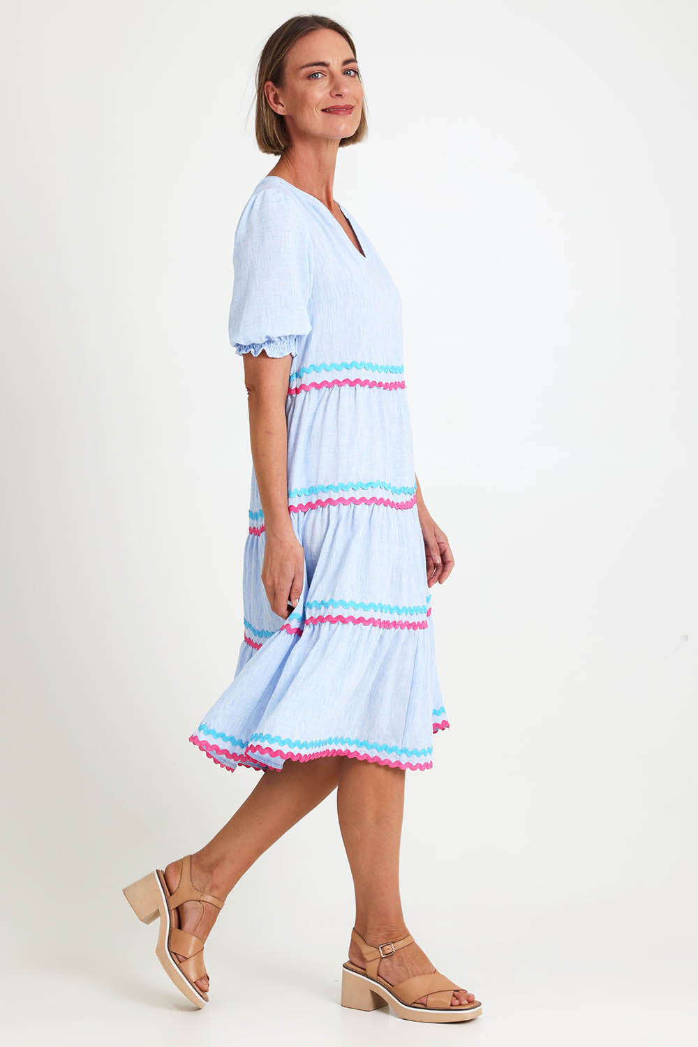 Model Riinar wearing size 10 of the Canopy Ric Rac Dress – Paleblue in colour Paleblue, from the front