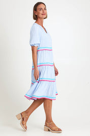 Model Riinar wearing size 10 of the Canopy Ric Rac Dress – Paleblue in colour Paleblue, from the front