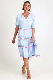 Model Riinar wearing size 10 of the Canopy Ric Rac Dress – Paleblue in colour Paleblue, from the front