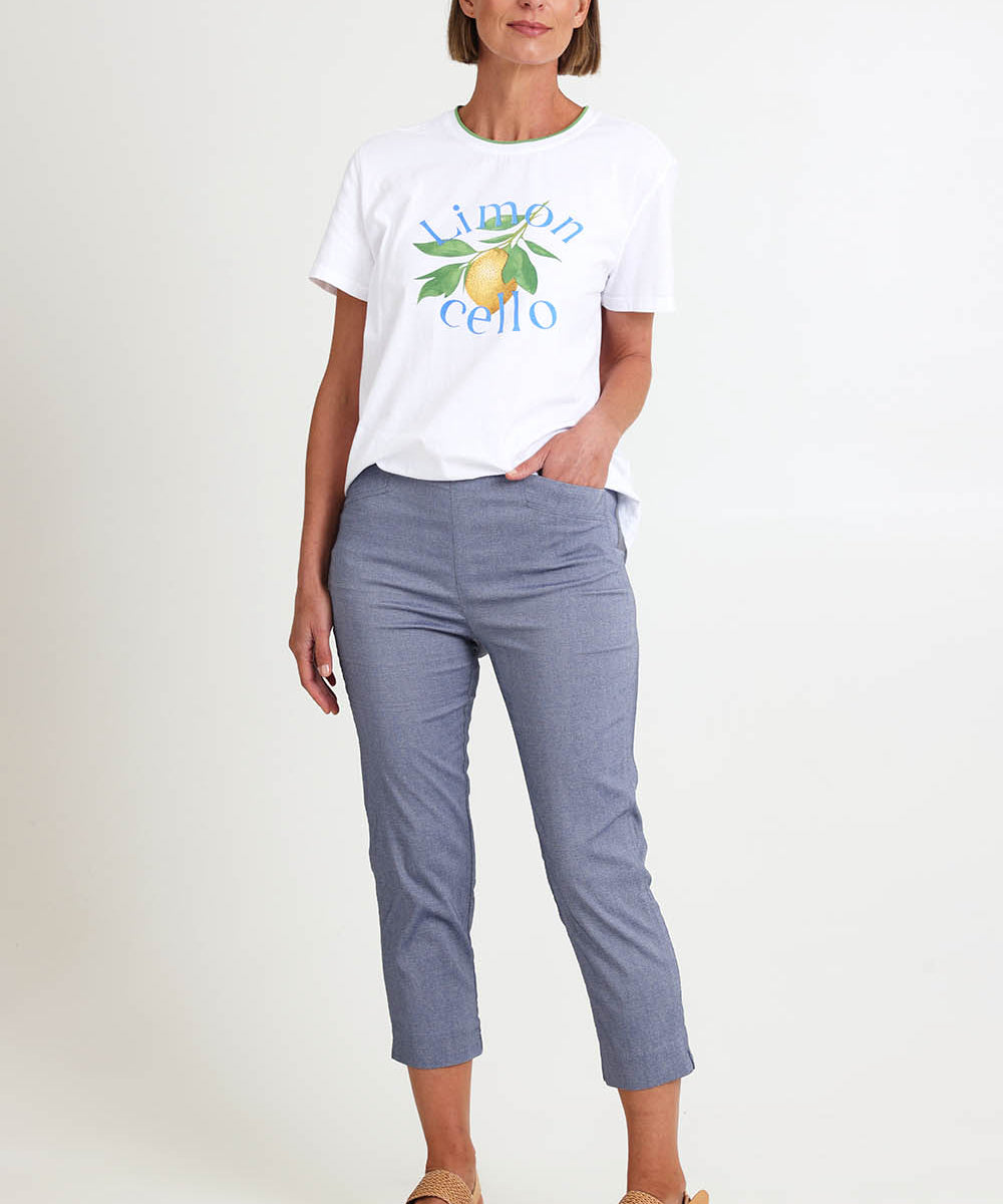 Model Riinar wearing size 10 of the Zara Pant - Denim in colour Denim, from the front