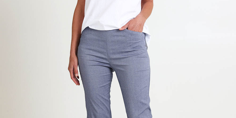 Model Riinar wearing size 10 of the Zara Pant - Denim in colour Denim, from the front