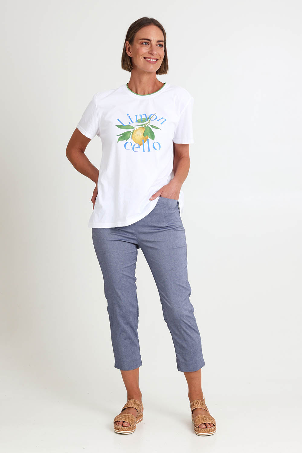 Model Riinar wearing size 10 of the Zara Pant - Denim in colour Denim, from the front