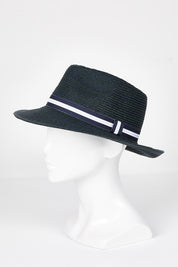 A model wearing size OneSize of the Bailey Raffia Wide Brim Trilby in colour Frenchnavy (Blue), from the front, showing the whole outfit